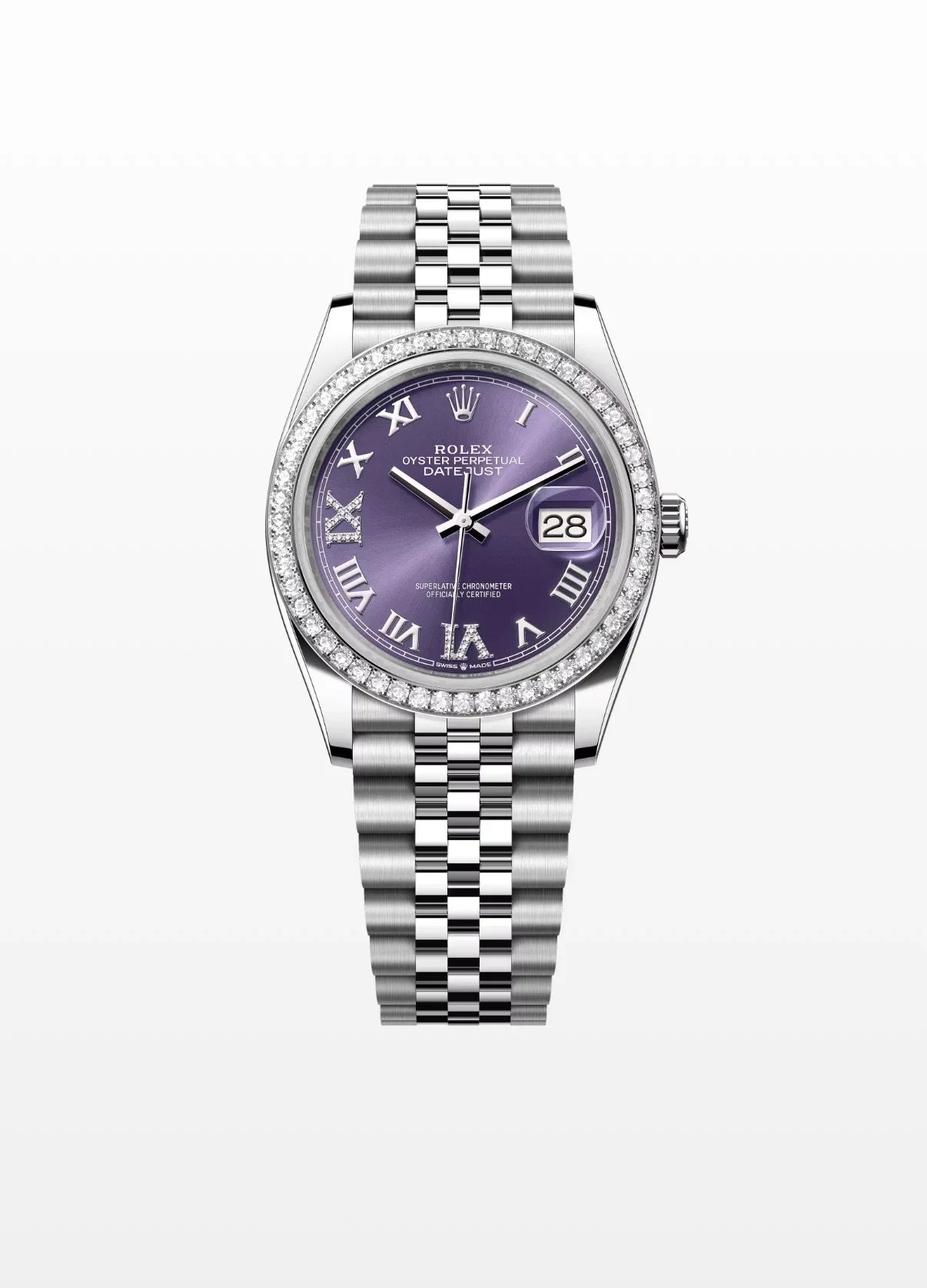 Image of Mor kadranlı, pırlanta bezelli, çelik bilezikli lüks kadın Rolex Datejust saat