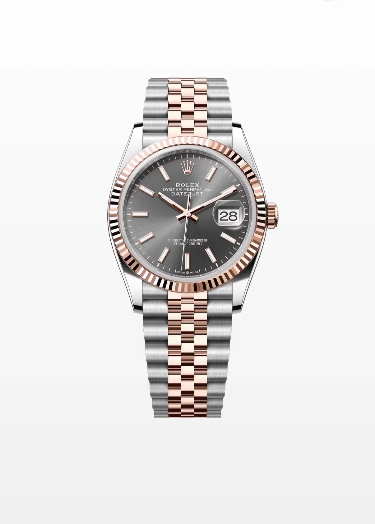 Image of Çelik ve rose altın bilezikli, gri kadranlı lüks Datejust erkek saat modeli.