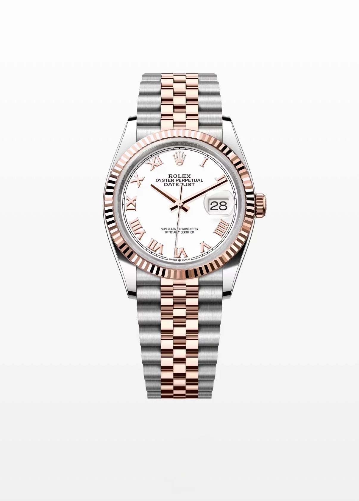 Image of Çelik ve pembe altın bilezikli, beyaz kadranlı lüks Rolex Datejust saat görseli.