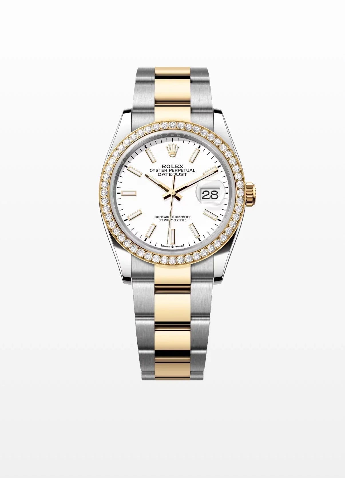 Image of Beyaz zemin üzerinde çelik ve altın, pırlanta bezelli lüks Datejust model saat
