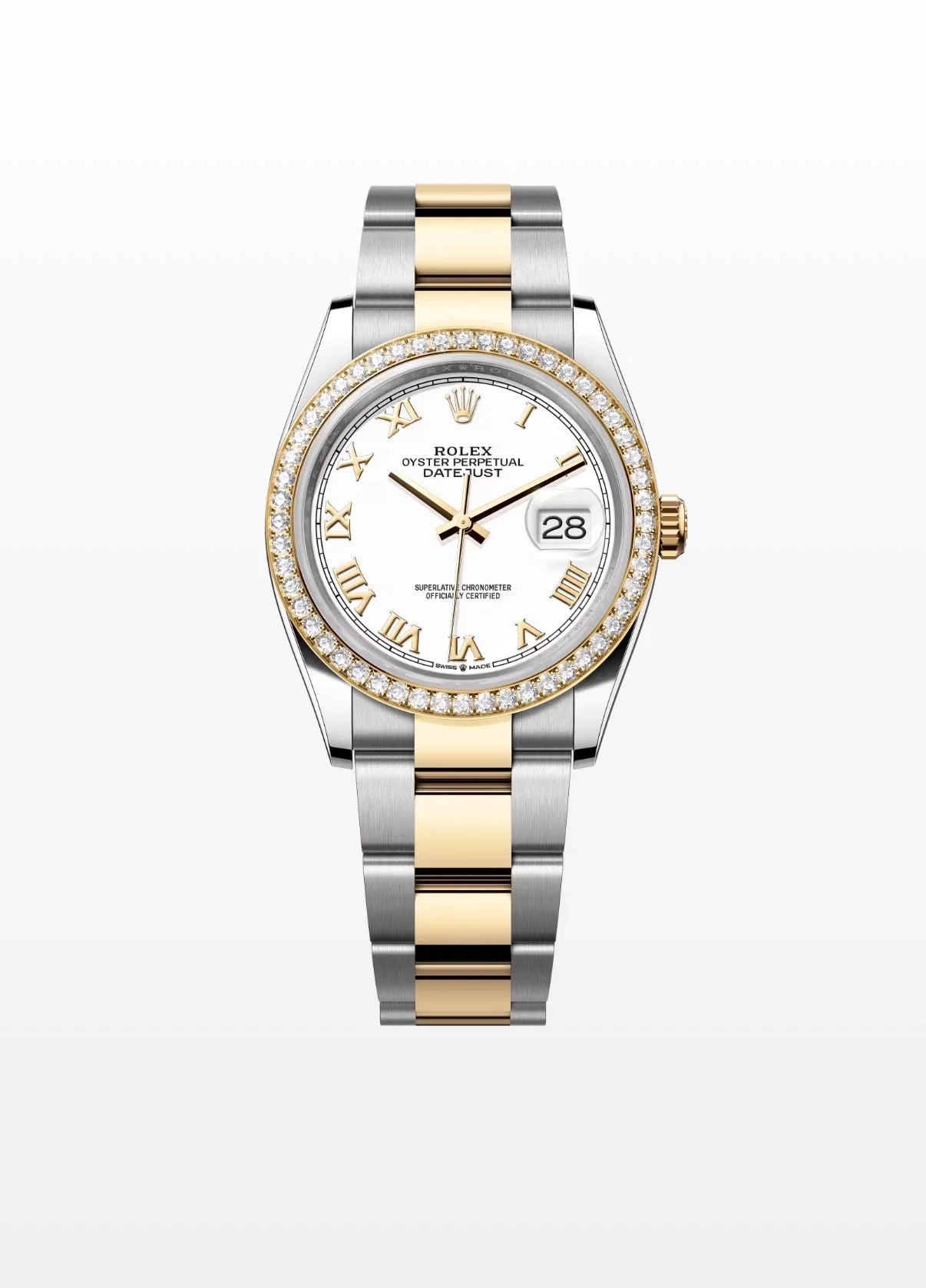 Image of Altın ve çelik bilezikli, elmas bezeli lüks Datejust kol saati, beyaz kadranlı.
