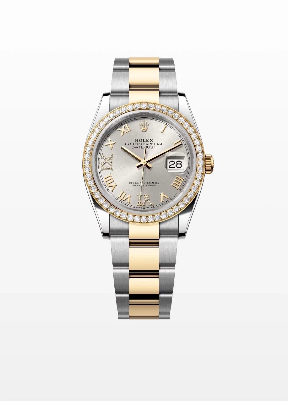 Image of Altın ve çelik detaylı, pırlanta bezelli lüks Datejust kol saati yakın çekim