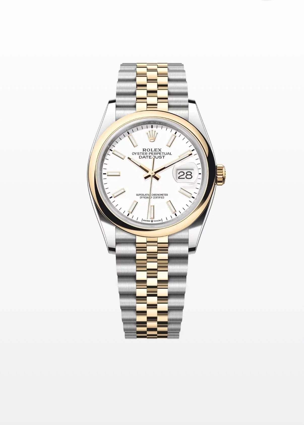 Image of Çelik ve altın bilezikli, beyaz kadranlı lüks Rolex kol saati, tarih göstergeli