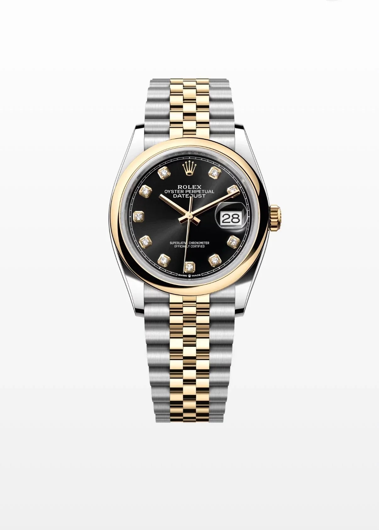 Image of Lüks, iki renkli metal bilezikli, siyah kadranlı ve taşlı kolları olan Datejust kol saati