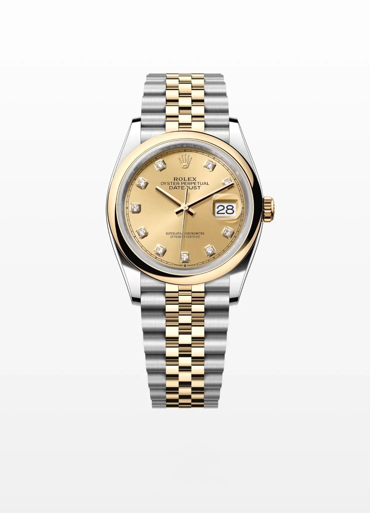 Image of Altın kadranlı, elmas indeksli, iki renkli lüks Datejust kol saati, tarih pencereli.