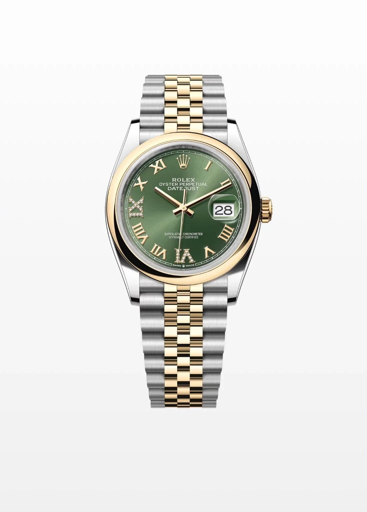 Image of Yeşil kadranlı, altın ve çelik bilezikli lüks Datejust kol saati önden görünüm