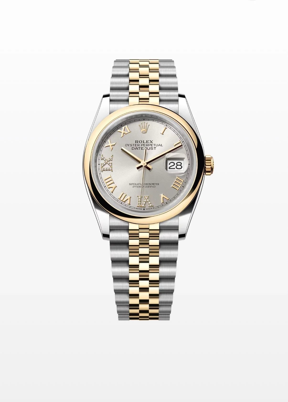 Image of Gümüş kadranlı, altın ve çelik bilezikli lüks Rolex Datejust kol saati