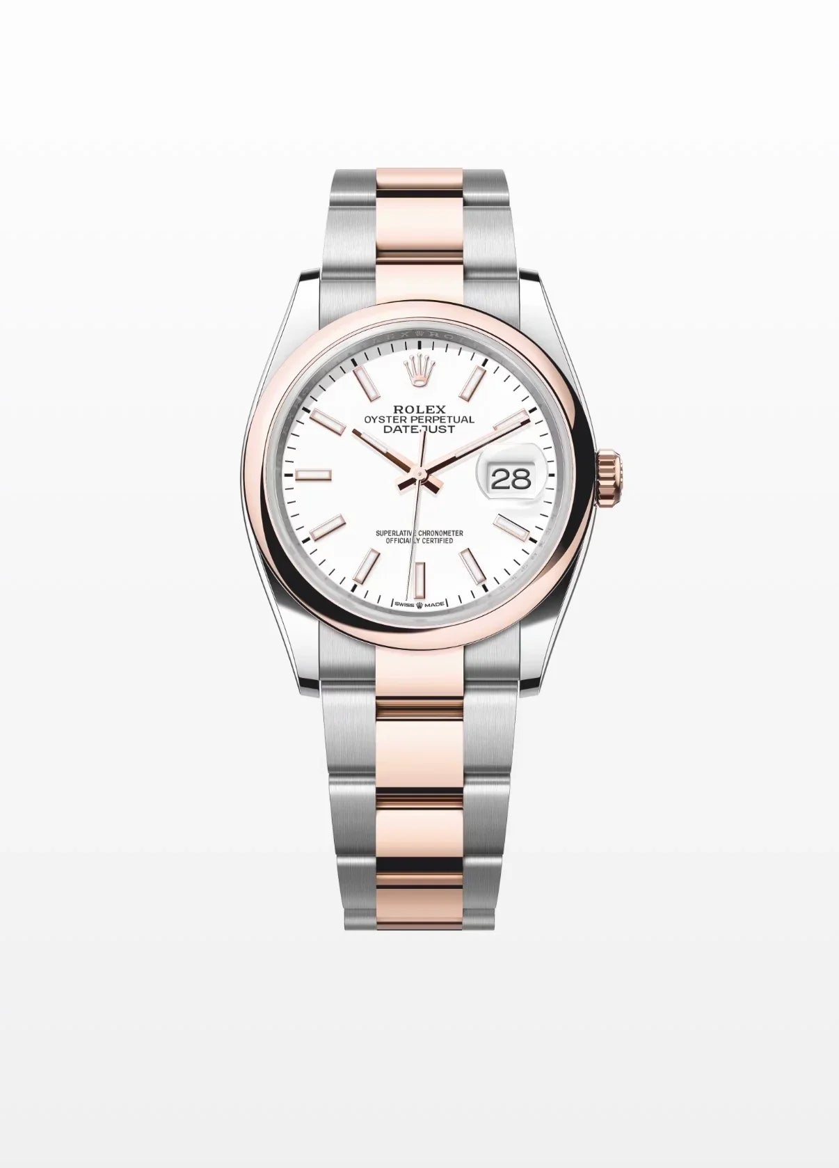 Image of Beyaz kadranlı, iki tonlu çelik ve pembe altın lüks Datejust kol saati, tarih göstergeli.
