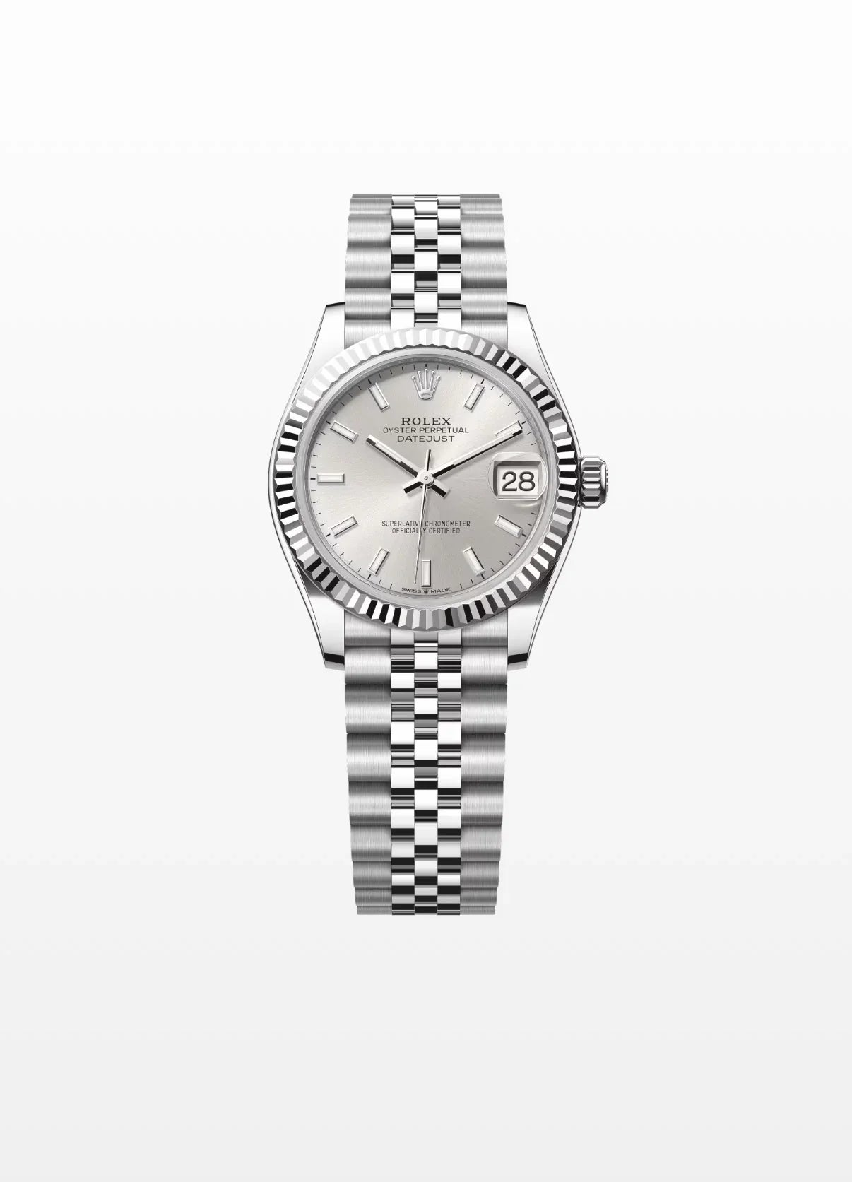 Image of Gümüş kadranlı, çelik bilezikli lüks Rolex Datejust kol saati, tarih göstergeli.