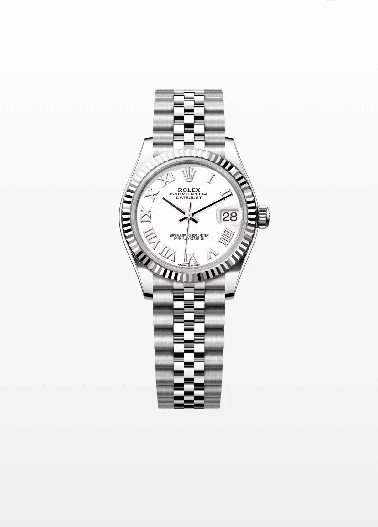 Image of Beyaz kadranlı, paslanmaz çelik bilezikli lüks klasik bir Rolex kol saati