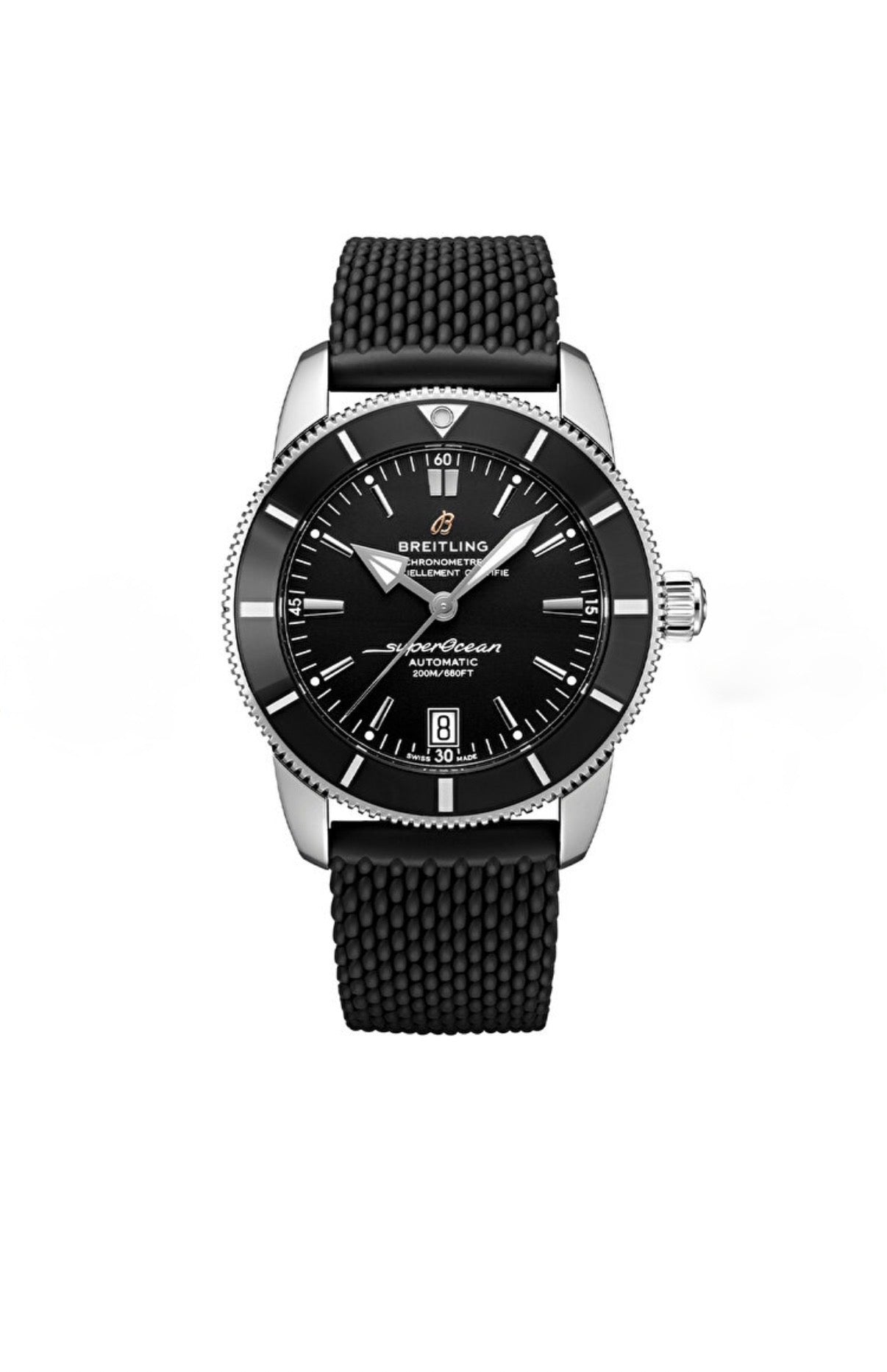 Image of Siyah kordonlu, siyah kadranlı lüks otomatik erkek saat, paslanmaz çelik detaylı.