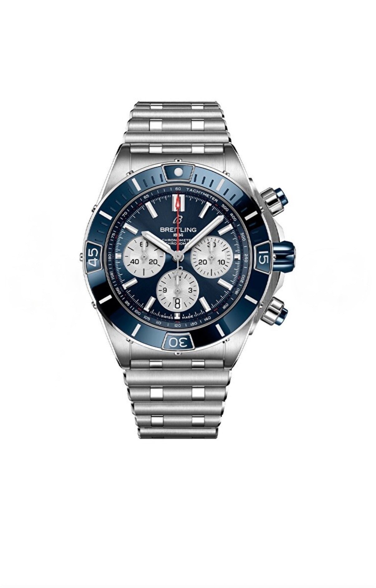 Image of Mavi çerçeveli, kronograf özellikli lüks çelik erkek saat modeli, beyaz zemin üzerinde.