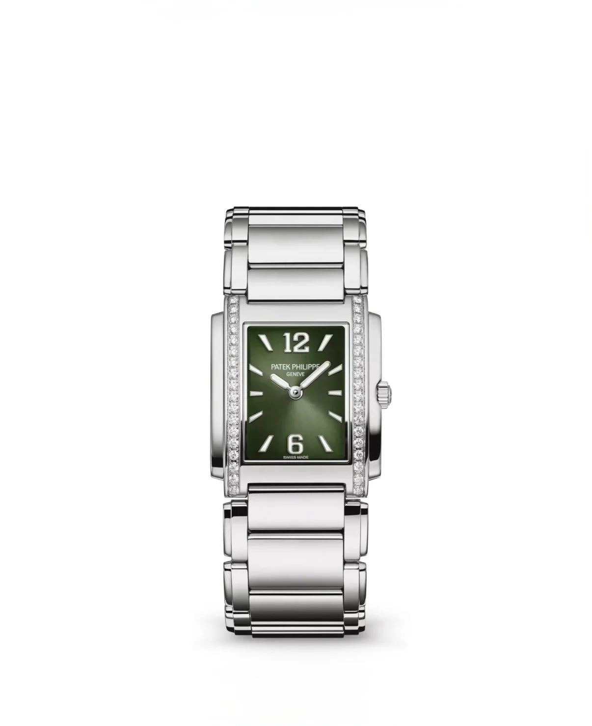 Image of Yeşil kadranlı, dikdörtgen kasalı, metal bilezikli lüks Patek Philippe kadın saati