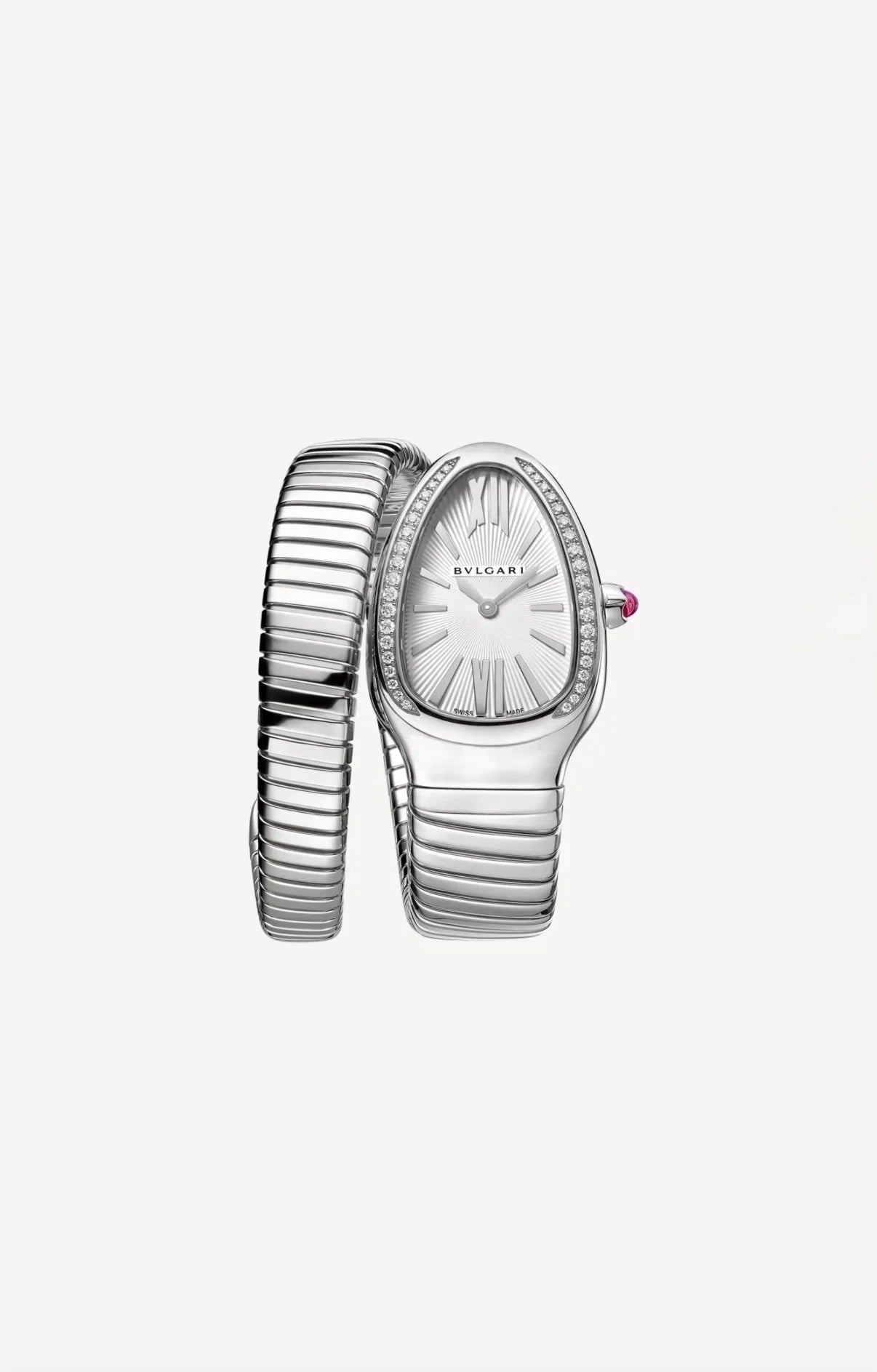 Image of Gümüş renkli, elmas taşlı bezel ve kıvrımlı metal bilezikli lüks kadın saat modeli